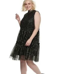 Popsugar Dress Womens Size 3X Black Aline Sleeveless Ruffle Star Plus Size‎